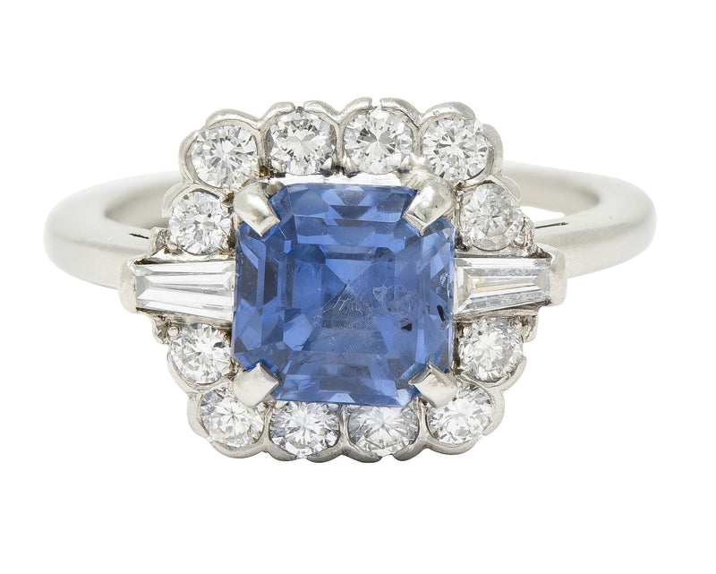 Mid-Century 2.78 CTW No Heat Ceylon Sapphire Diamond Platinum Vintage Cluster Ring GIA