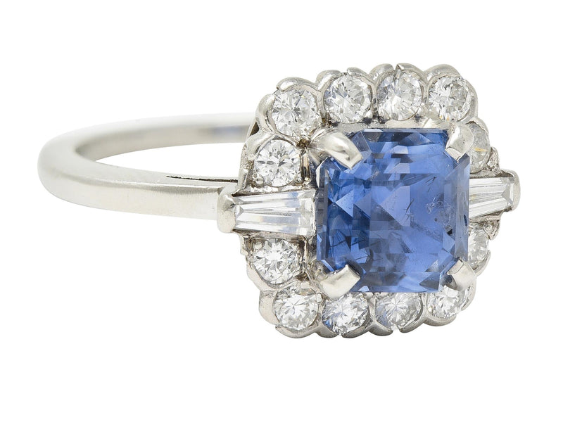 Mid-Century 2.78 CTW No Heat Ceylon Sapphire Diamond Platinum Vintage Cluster Ring GIA