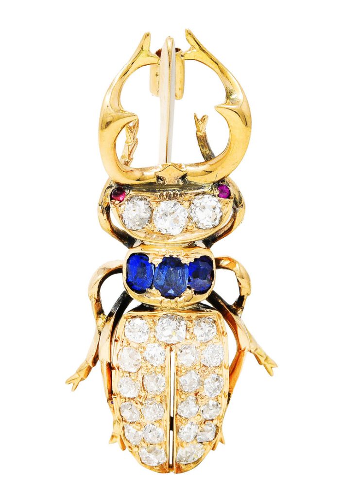 1880’s Victorian 2.75 CTW Sapphire Diamond 18 Karat Rose Gold Antique Stag Beetle Brooch