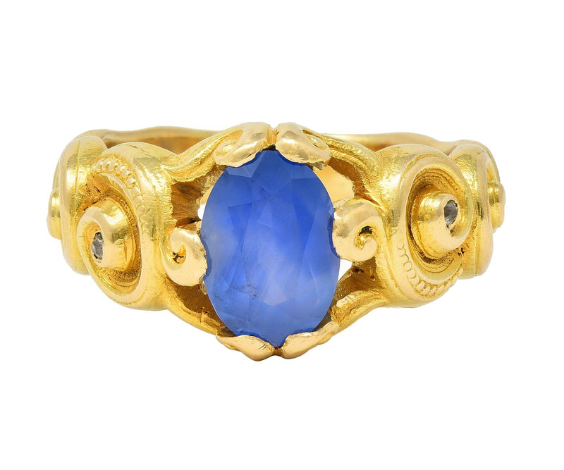 Art Nouveau 2.25 CTW Sapphire Diamond 18 Karat Yellow Gold Antique Unisex Swirl Ring