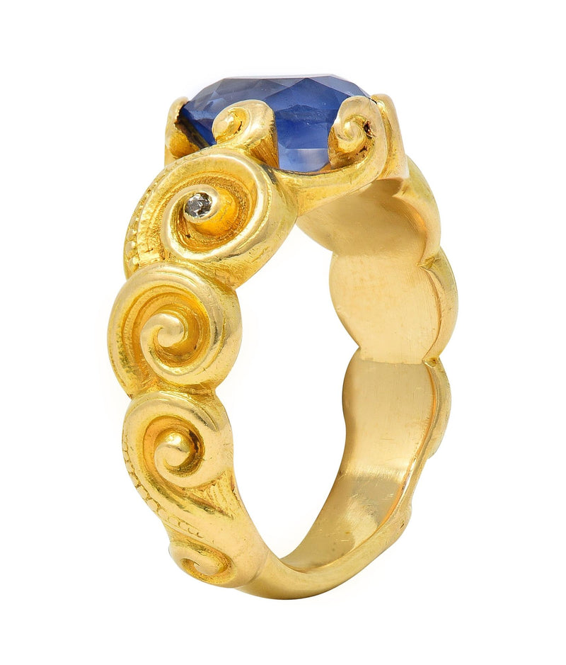 Art Nouveau 2.25 CTW Sapphire Diamond 18 Karat Yellow Gold Antique Unisex Swirl Ring