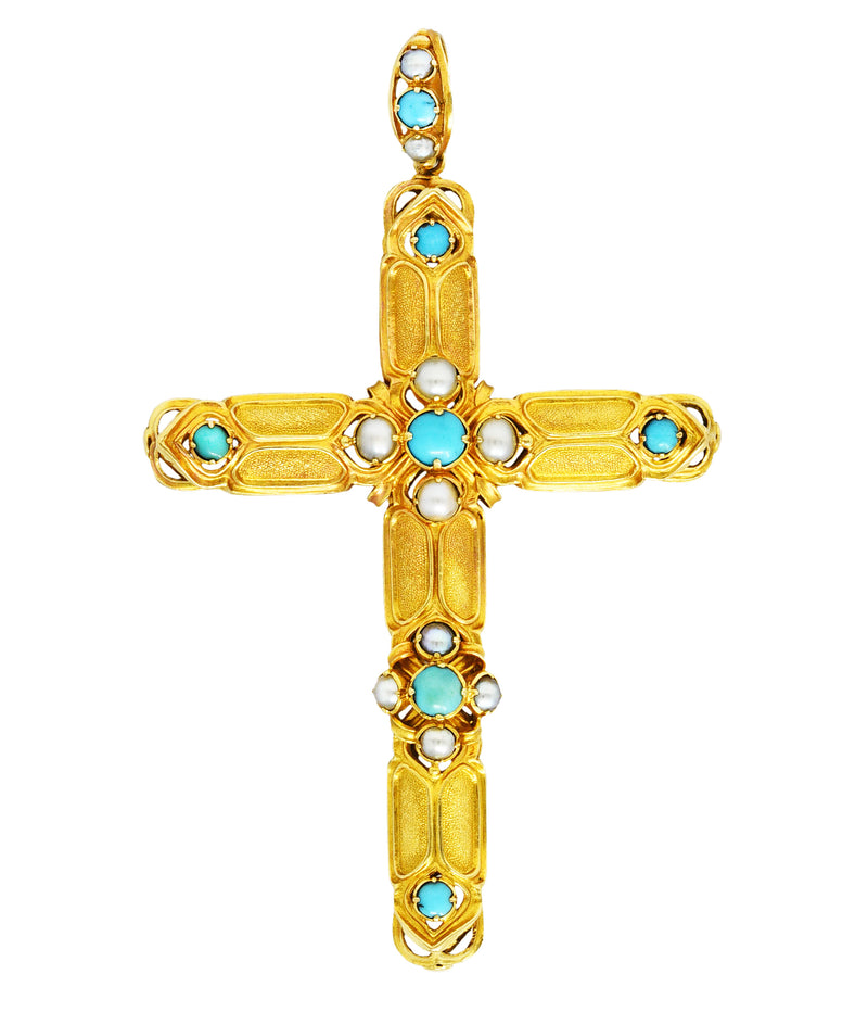 Victorian Turquoise Pearl 18 Karat Yellow Gold Cross Vintage Pendant