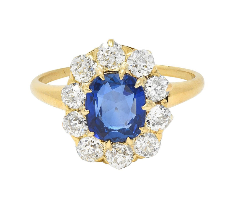 Victorian 2.58 CTW No Heat Kashmir Sapphire Diamond 14 Karat Gold Antique Halo Ring AGL