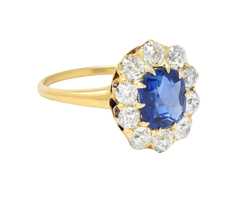 Victorian 2.58 CTW No Heat Kashmir Sapphire Diamond 14 Karat Gold Antique Halo Ring AGL