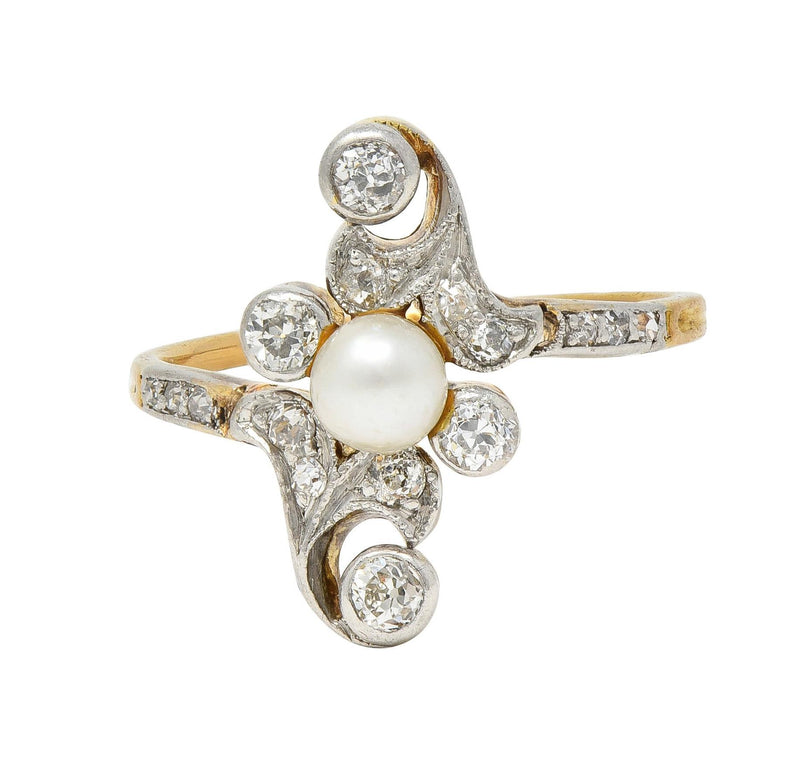 Edwardian Pearl Diamond Platinum-Topped 18 Karat Gold Foliate Antique Navette Ring