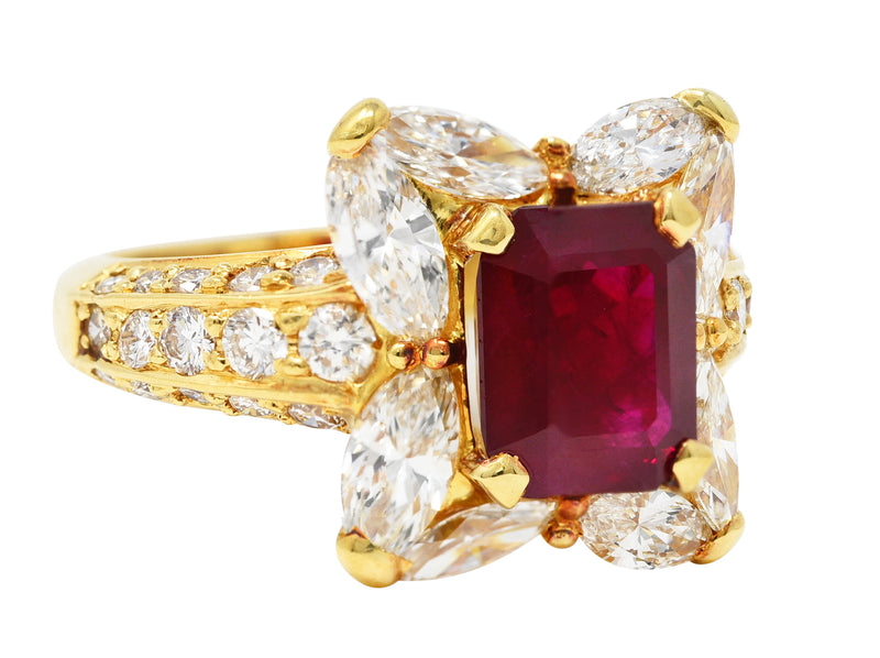 Vintage 3.49 CTW Emerald Cut Ruby Diamond 18 Karat Yellow Gold Halo Cluster Ring GIA