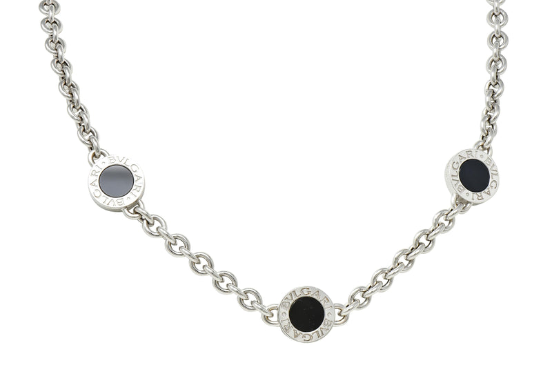 Bulgari 1990’s Onyx 18 Karat White Gold Chain Link Vintage Station Necklace