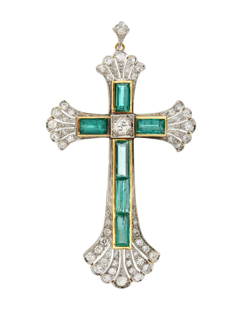 Early Art Deco 9.81 CTW Emerald Diamond Platinum 14 Karat Yellow Gold Vintage Cross Pendant