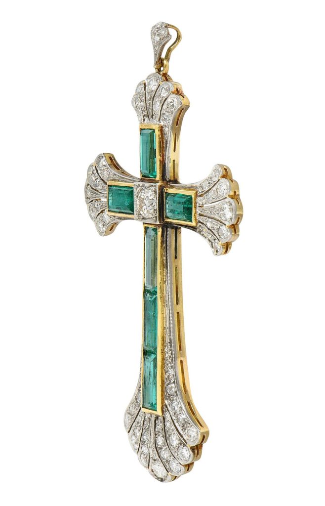 Early Art Deco 9.81 CTW Emerald Diamond Platinum 14 Karat Yellow Gold Vintage Cross Pendant