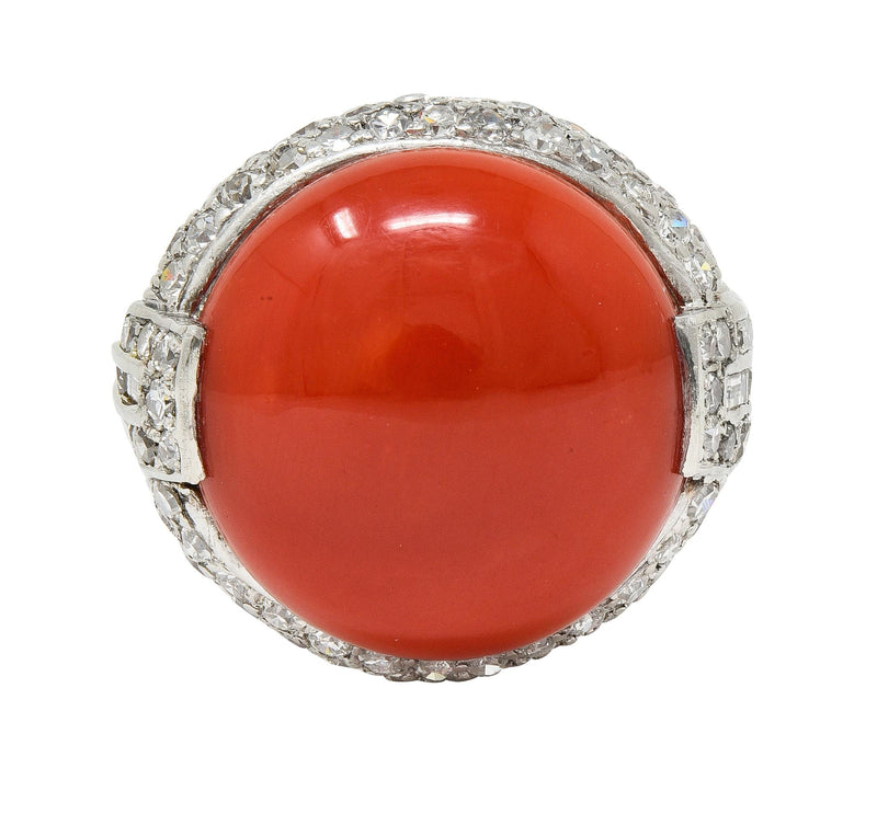 Art Deco 1.14 CTW Diamond Coral Platinum Antique Cocktail Ring