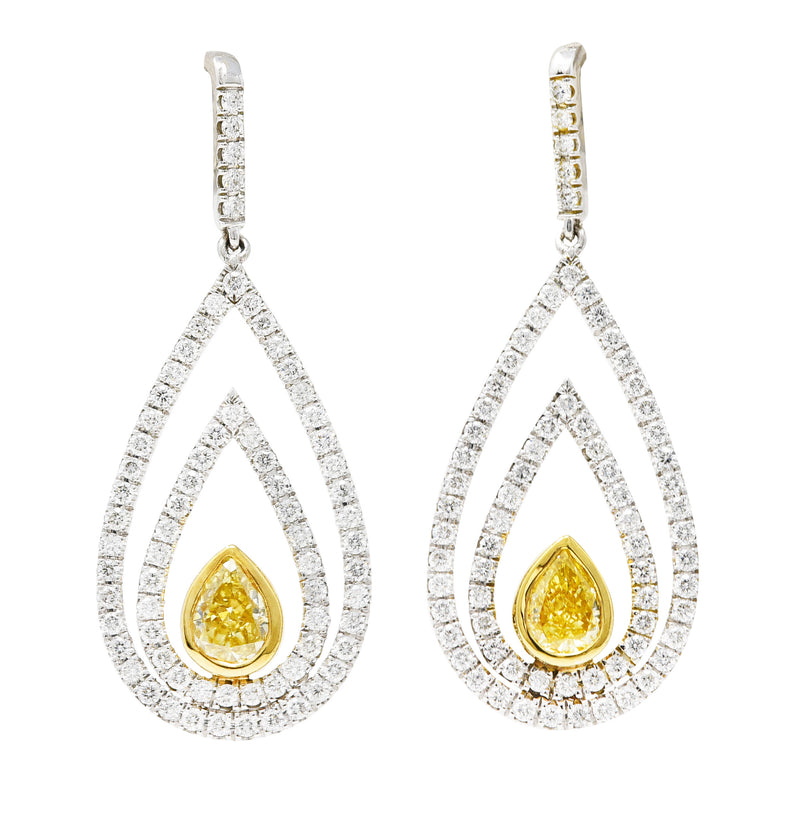 Contemporary 2.04 CTW Fancy Yellow Pear Cut Diamond 18 Karat Two-Tone Gold Drop Earrings