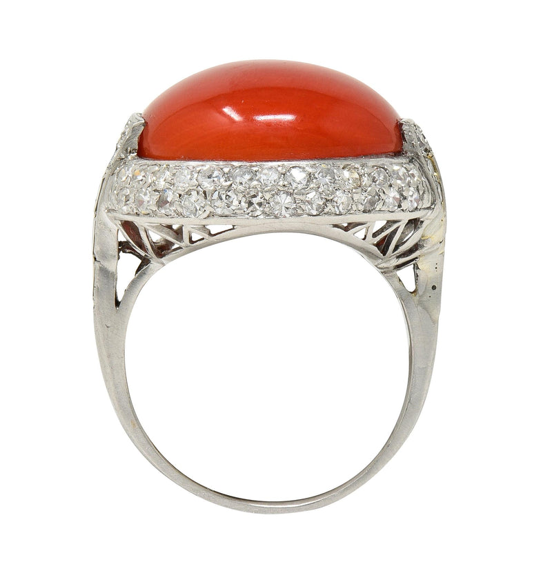 Art Deco 1.14 CTW Diamond Coral Platinum Antique Cocktail Ring