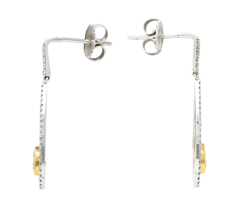 Contemporary 2.04 CTW Fancy Yellow Pear Cut Diamond 18 Karat Two-Tone Gold Drop Earrings