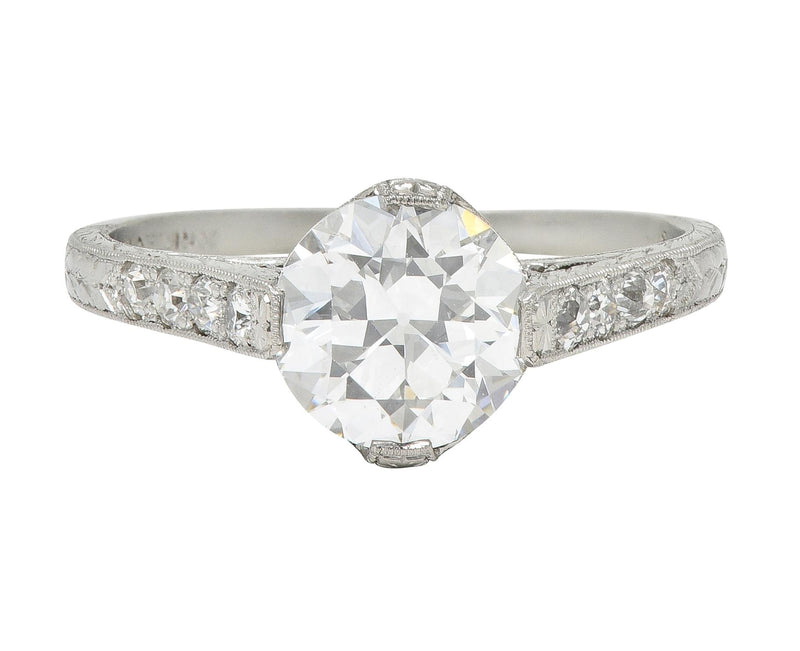 Art Deco 1.75 CTW Old European Cut Diamond Platinum Lotus Vintage Engagement Ring GIA