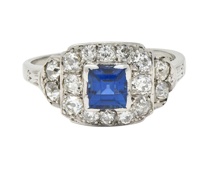 Art Deco 1.38 CTW Sapphire Diamond Platinum Vintage Cluster Ring