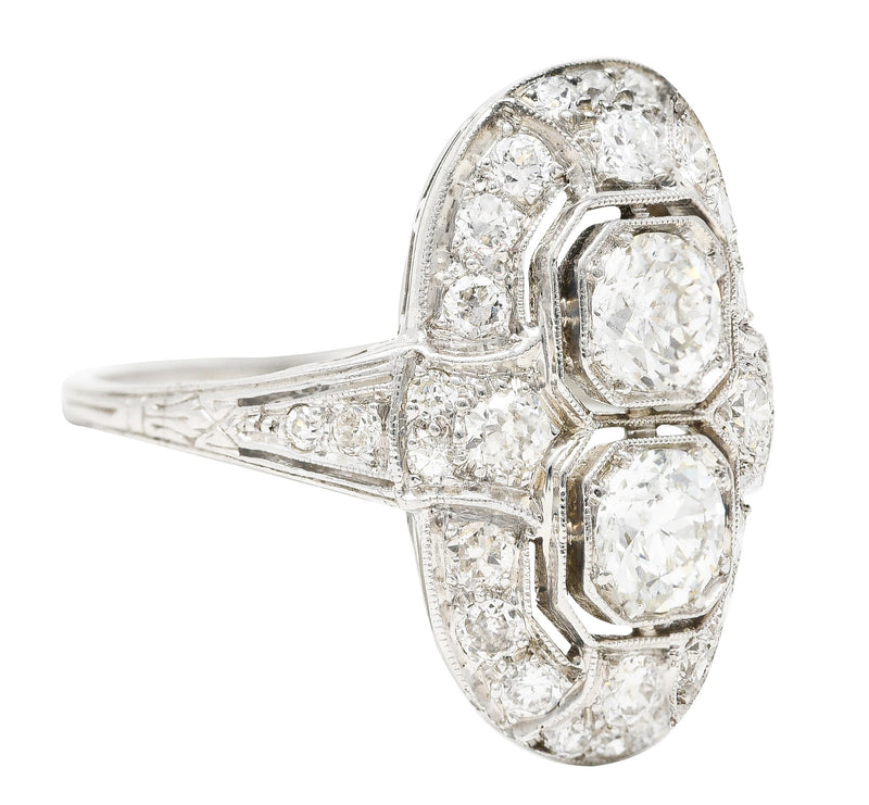 Art Deco 1.60 CTW Old European Cut Diamond Platinum Two Stone Halo Dinner Ring