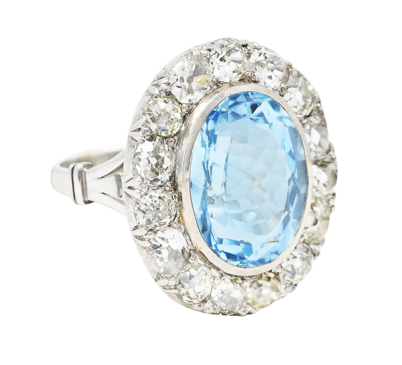 Vintage Blue Topaz Old Mine Diamond 14 Karat White Gold Cluster Cocktail Ring