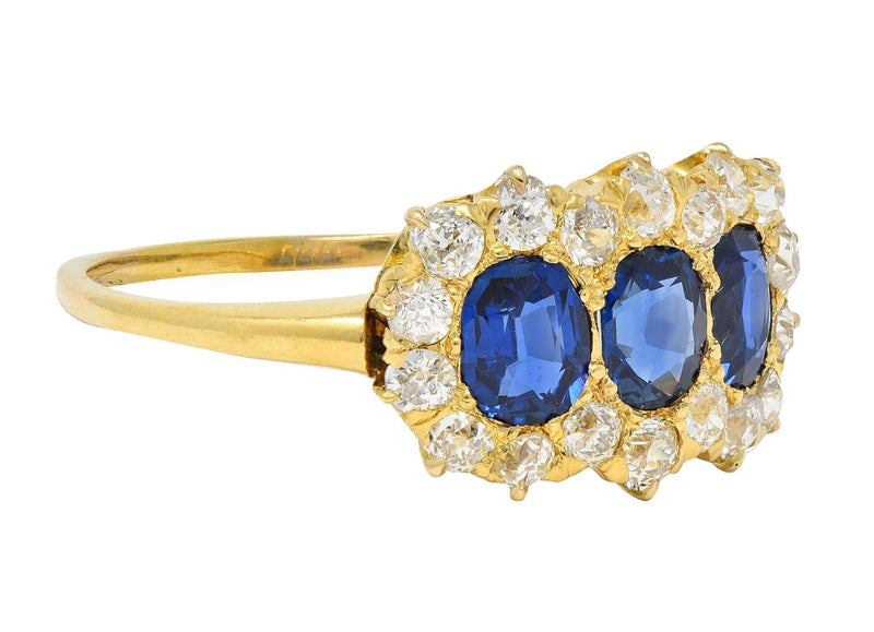 Victorian 2.58 CTW Sapphire Diamond 18 Karat Yellow Gold Antique Cluster Band Ring