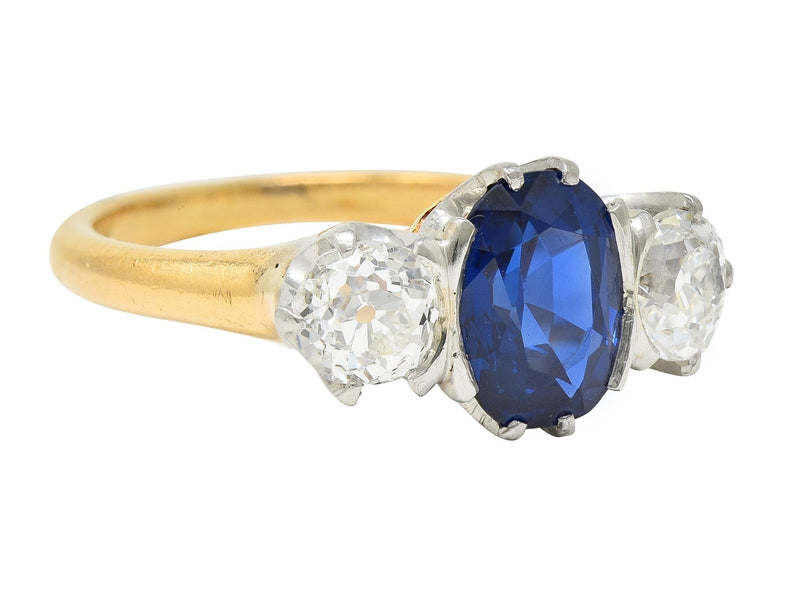 Tiffany & Co. Victorian 2.48 CTW No Heat Sapphire Diamond Platinum 18 Karat Gold Antique Three Stone Ring GIA