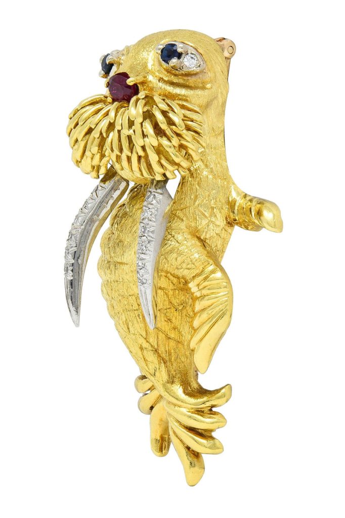 1960s Diamond Ruby Sapphire 18 Karat Two-Tone Gold Vintage Walrus Brooch