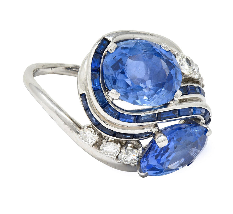 Mid-Century 10.59 CTW No Heat Ceylon Sapphire Diamond Platinum Bypass Vintage Ring GIA