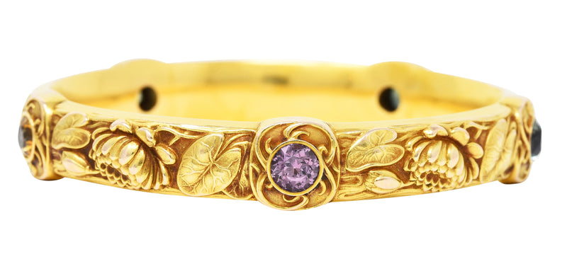 Schumann Son’s Riker Bros. Art Nouveau Multi-Color Montana Sapphire 14 Karat Yellow Gold Floral Pad Lotus Antique Bangle Bracelet