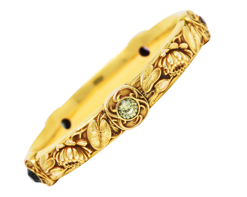 Schumann Son’s Riker Bros. Art Nouveau Multi-Color Montana Sapphire 14 Karat Yellow Gold Floral Pad Lotus Antique Bangle Bracelet