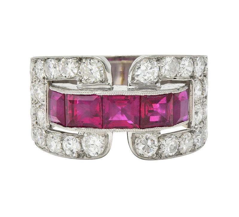 Art Deco French 5.48 CTW Ruby Diamond Platinum Vintage Buckle Band Ring