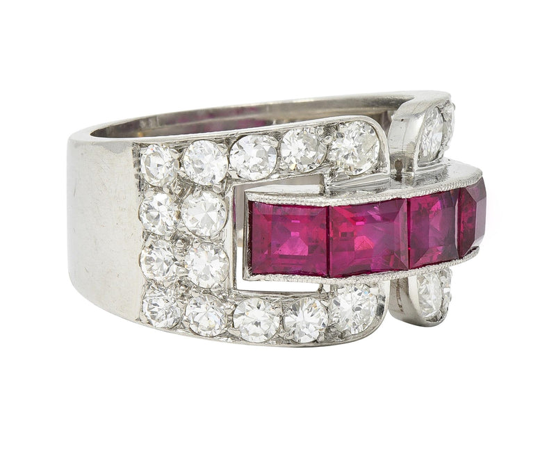 Art Deco French 5.48 CTW Ruby Diamond Platinum Vintage Buckle Band Ring