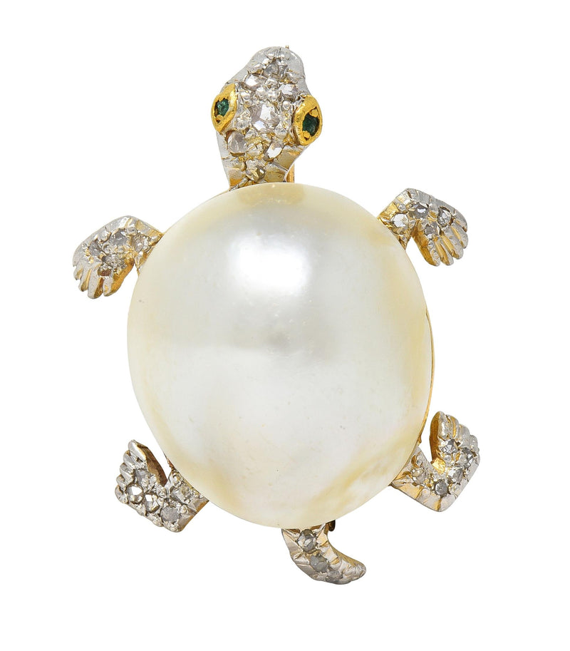 Black Starr and Frost Edwardian Pearl Emerald Diamond Platinum 14 Karat Gold Antique Turtle Brooch