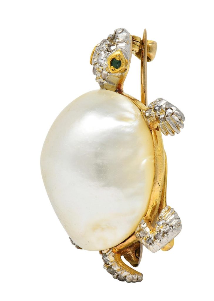 Black Starr and Frost Edwardian Pearl Emerald Diamond Platinum 14 Karat Gold Antique Turtle Brooch