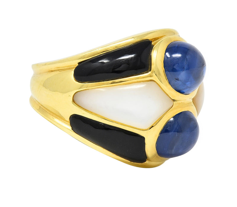 1980’s 8.80 CTW Sapphire Onyx Mother-Of-Pearl 18 Karat Gold Wide Band Ring