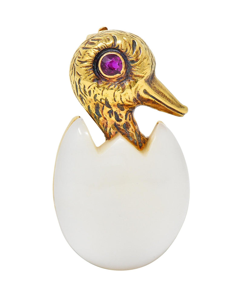 Cartier France 1960’s Ruby White Chalcedony 18 Karat Yellow Gold Hatching Egg Bird Vintage Brooch