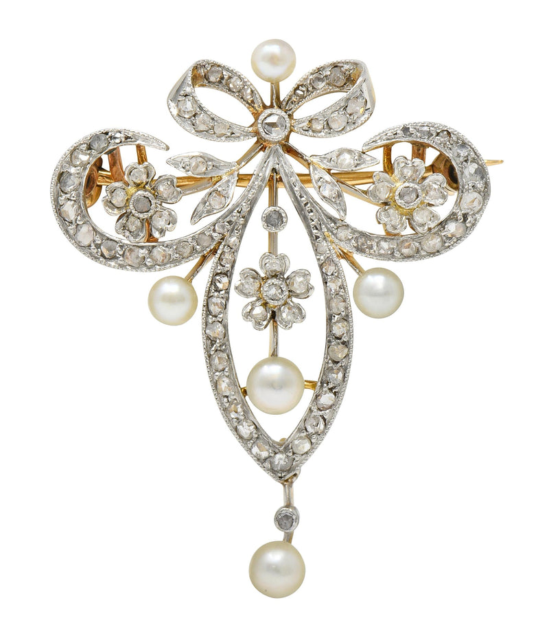 Belle Epoque 0.93 CTW Diamond Pearl Platinum 18 Karat Yellow Gold Fleur-De-Lis Antique Brooch