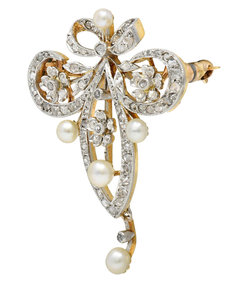 Belle Epoque 0.93 CTW Diamond Pearl Platinum 18 Karat Yellow Gold Fleur-De-Lis Antique Brooch