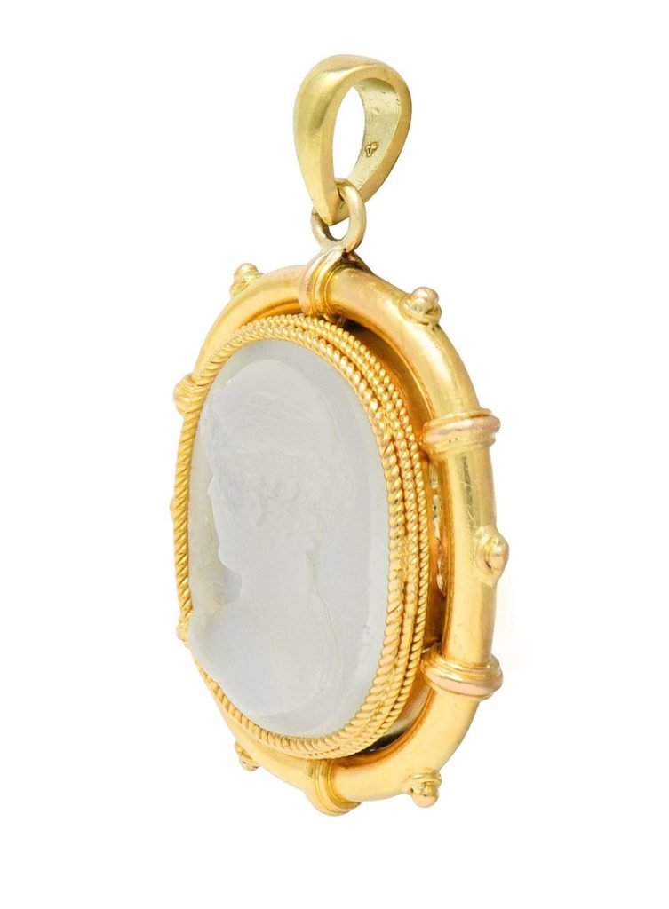 Victorian Carved Moonstone 14 Karat Yellow Gold Hermes Greek God Antique Cameo Pendant