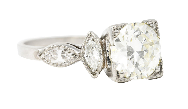 1930’s Art Deco 1.96 CTW Old European Diamond Platinum Marquise Shoulder Engagement Ring