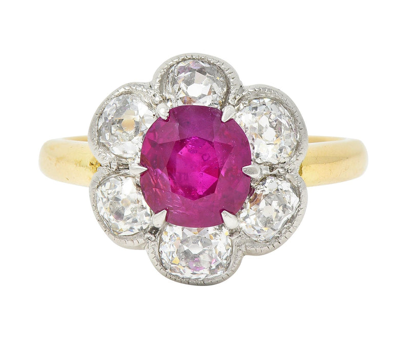 Edwardian 3.39 CTW No Heat Burma Ruby Diamond Platinum 18 Karat Cluster Ring GIA