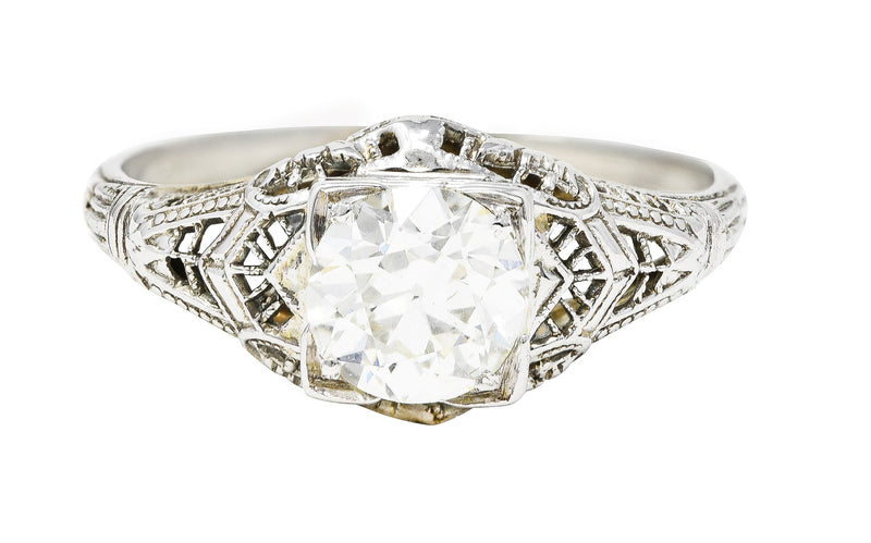 1920’s Art Deco 1.01 CTW Old European Diamond 18 Karat White Gold Pierced Engagement Ring