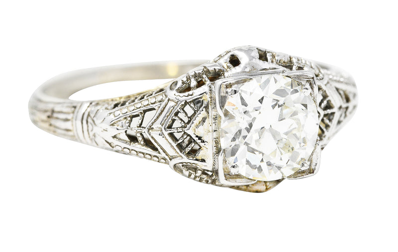 1920’s Art Deco 1.01 CTW Old European Diamond 18 Karat White Gold Pierced Engagement Ring