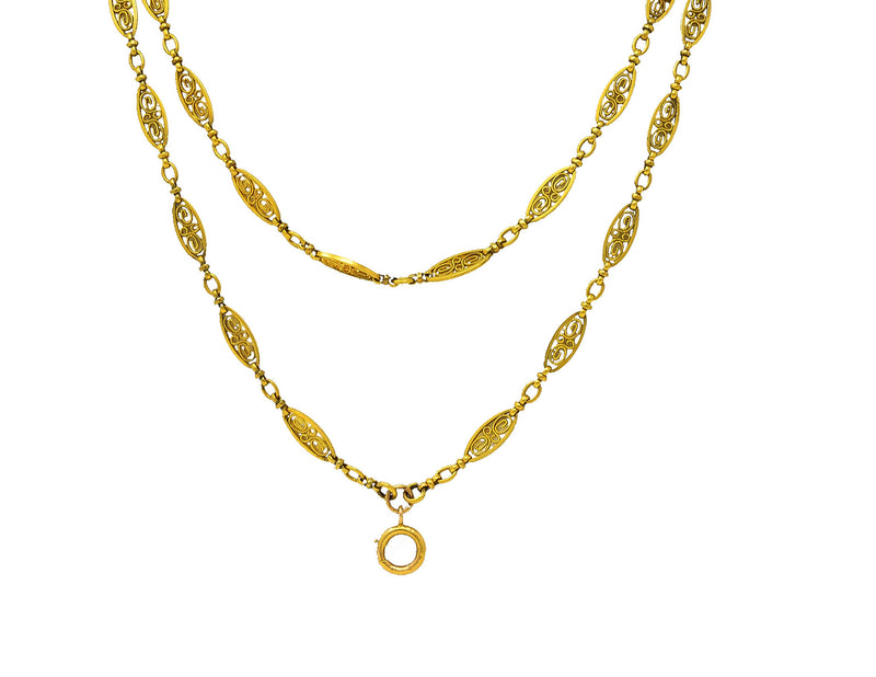 French Victorian 18 Karat Yellow Gold Filigree Navette 60 1/2 Inch Long Antique Chain Necklace