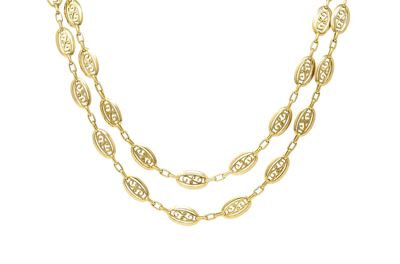 French Victorian 18 Karat Yellow Gold Scroll 50 IN Long Antique Chain Necklace