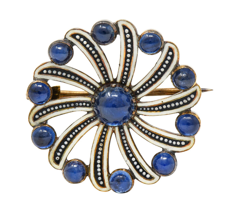 Victorian 2.70 CTW Sapphire Enamel 18 Karat Yellow Gold Spiral Circle Brooch