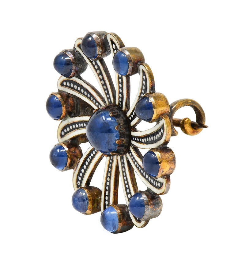 Victorian 2.70 CTW Sapphire Enamel 18 Karat Yellow Gold Spiral Circle Brooch