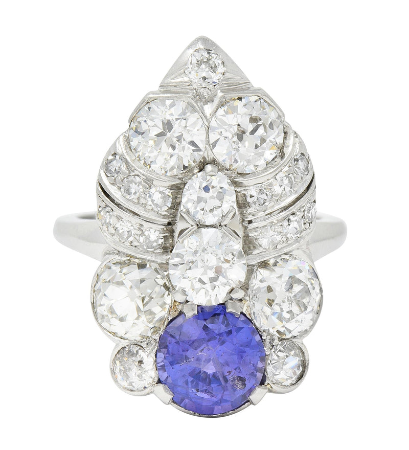 Mid-Century 5.15 CTW Sapphire Diamond Platinum Foliate Vintage Dinner Ring