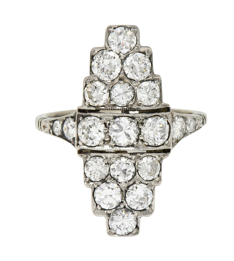 Art Deco 1.60 CTW Old European Cut Diamond Platinum 14 Karat Gold Navette Antique Dinner Ring