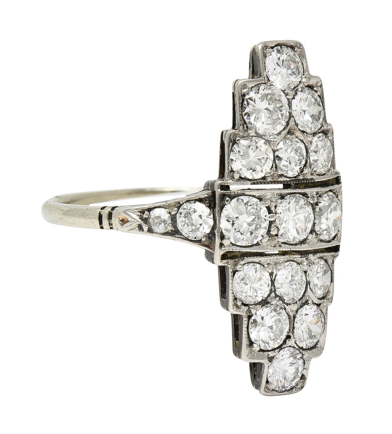 Art Deco 1.60 CTW Old European Cut Diamond Platinum 14 Karat Gold Navette Antique Dinner Ring