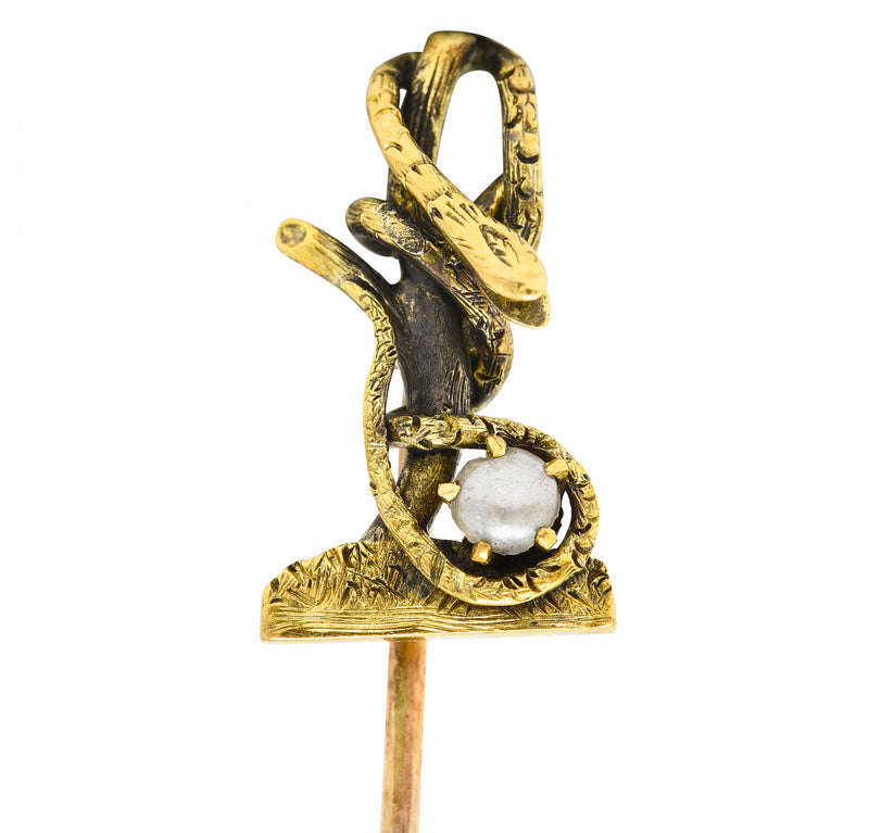 Victorian Pearl 14 Karat Yellow Gold Snake In A Tree Antique Unisex Stickpin