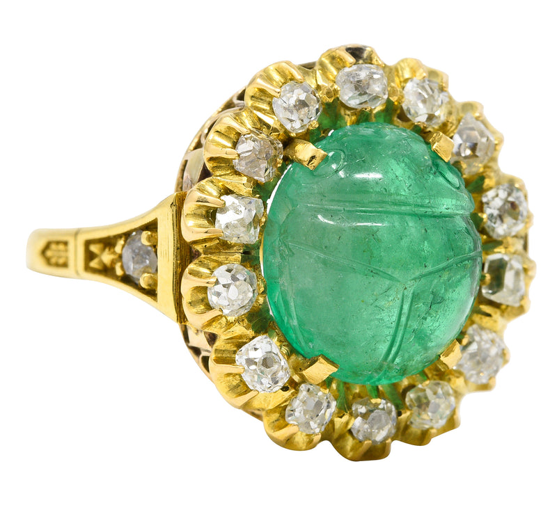 Vintage Egyptian Revival 7.80 CTW Carved Emerald Diamond 18 Karat Yellow Gold Cluster Gemstone Scarab Ring