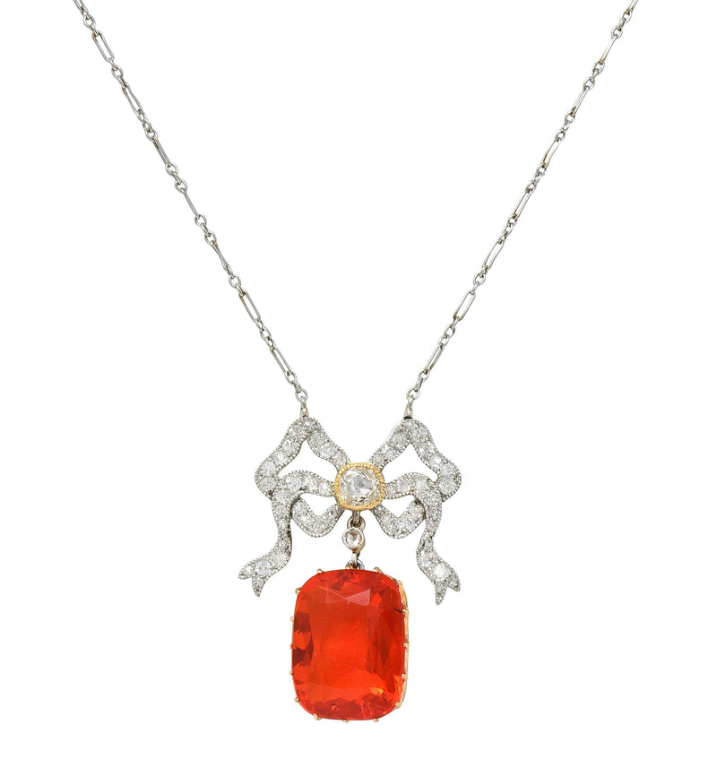 Edwardian 5.35 CTW Fire Opal Diamond Platinum 18 Karat Gold Bow Antique Station Necklace